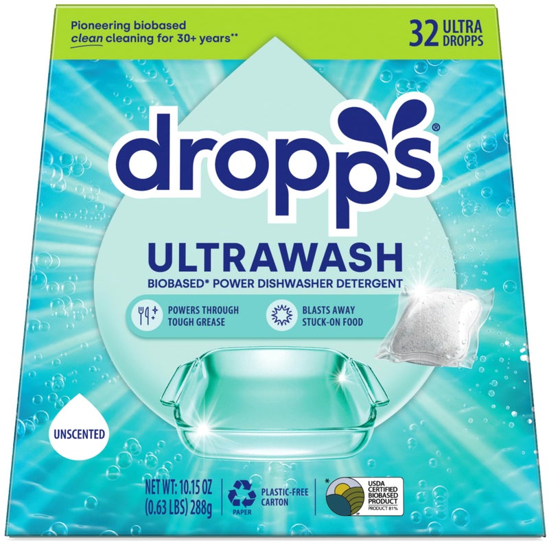Dropps UltraWash Dishwasher Detergent Pods, Unscented (32 Ct) - Free & Clear | Cuts Grease & Stuck-On Food | Sparkling Dishes & Glasses | Residue-Free | Clean Ingredients | Plastic Free Packaging - Image 1