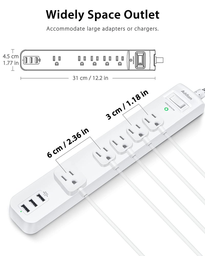 Addtam 2 Pack Power Strip Surge Protector - 5 Widely Spaced Outlets 3 USB Charging Ports, 1875W/15A with 5Ft Braided Extension Cord, Flat Plug, Overload Surge Protection, Wall Mount for Home Office,White - Image 3