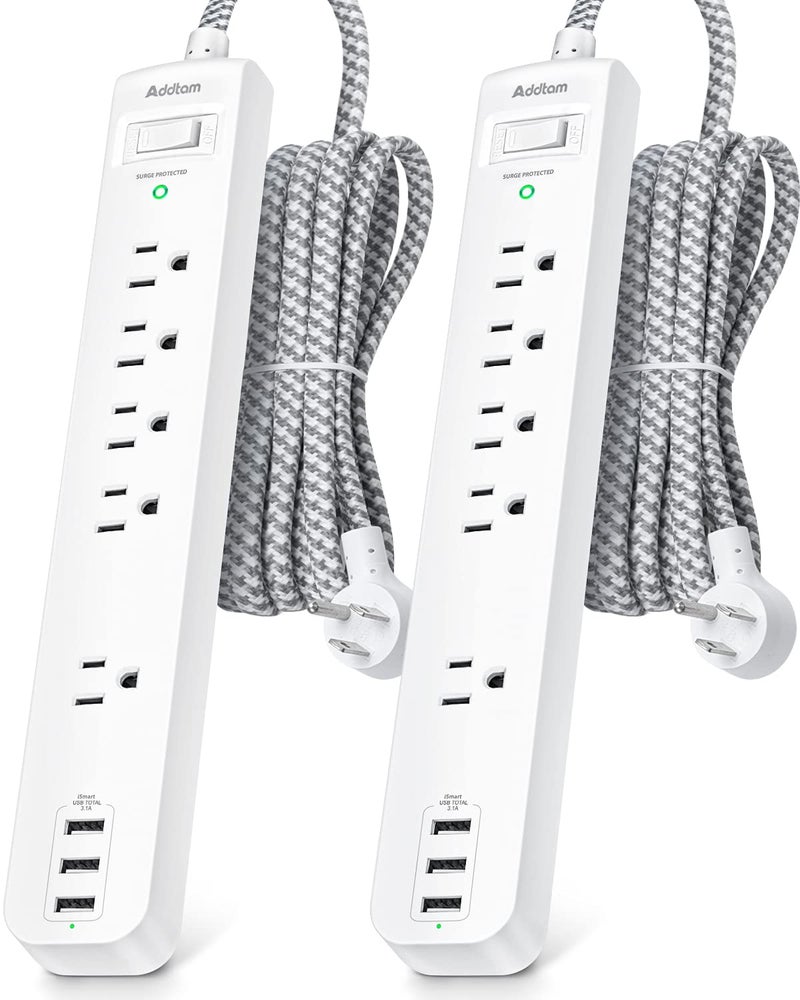 Addtam 2 Pack Power Strip Surge Protector - 5 Widely Spaced Outlets 3 USB Charging Ports, 1875W/15A with 5Ft Braided Extension Cord, Flat Plug, Overload Surge Protection, Wall Mount for Home Office,White - Image 1