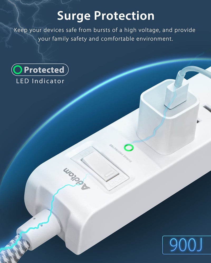Addtam 2 Pack Power Strip Surge Protector - 5 Widely Spaced Outlets 3 USB Charging Ports, 1875W/15A with 5Ft Braided Extension Cord, Flat Plug, Overload Surge Protection, Wall Mount for Home Office,White - Image 5