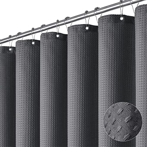 Dynamene Extra Long Shower Curtain - 84 Inch Long Charcoal Grey Waffle Weave Heavy Duty Fabric Bathroom Shower Curtain, Neutral Weighted Hotel Thick Bath Curtain Set with 12 Plastic Hooks,72x84 - Image 1