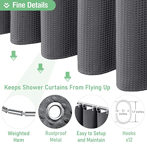 Dynamene Extra Long Shower Curtain - 84 Inch Long Charcoal Grey Waffle Weave Heavy Duty Fabric Bathroom Shower Curtain, Neutral Weighted Hotel Thick Bath Curtain Set with 12 Plastic Hooks,72x84 - Image 5