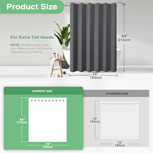 Dynamene Extra Long Shower Curtain - 84 Inch Long Charcoal Grey Waffle Weave Heavy Duty Fabric Bathroom Shower Curtain, Neutral Weighted Hotel Thick Bath Curtain Set with 12 Plastic Hooks,72x84 - Image 3