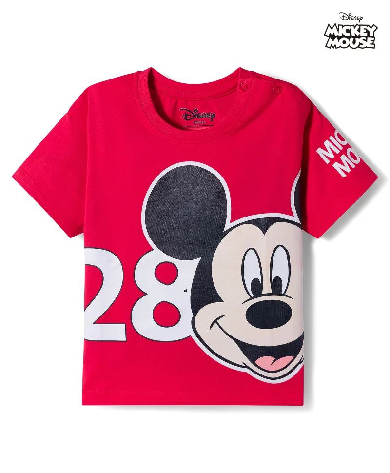 Babyhug Disney Babyhug Disney Terry Knit Half Sleeves Oversized T-Shirt with Mickey Mouse Graphic - Red