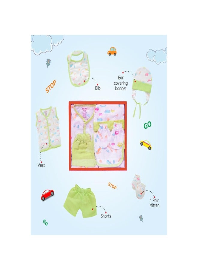 Bumsies Newborn Baby Clothing Gift Set – Soft 100% Muslin Cotton Essentials for Boys & Girls | Gift Box Pack of 5 - Sleeveless Shirt, Shorts, 1Bib, 1Pair Mittens & 1Cap | Light Green (New Born) - Image 1