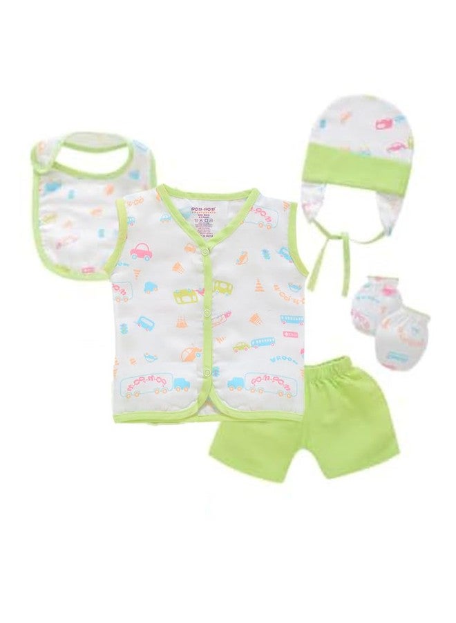 Bumsies Newborn Baby Clothing Gift Set – Soft 100% Muslin Cotton Essentials for Boys & Girls | Gift Box Pack of 5 - Sleeveless Shirt, Shorts, 1Bib, 1Pair Mittens & 1Cap | Light Green (New Born) - Image 3