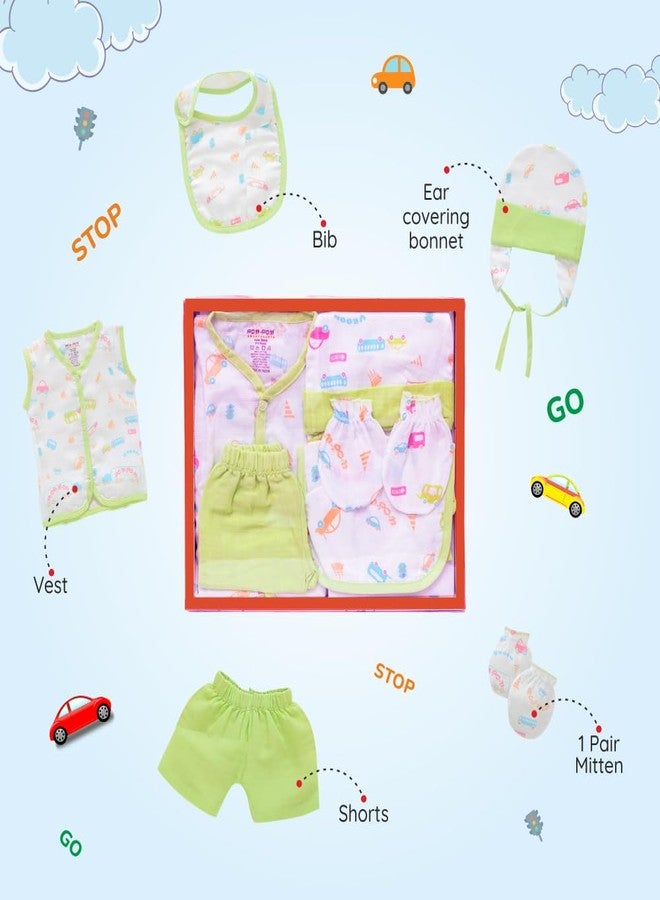 Bumsies Newborn Baby Clothing Gift Set – Soft 100% Muslin Cotton Essentials for Boys & Girls | Gift Box Pack of 5 - Sleeveless Shirt, Shorts, 1Bib, 1Pair Mittens & 1Cap | Light Green (New Born) - Image 2