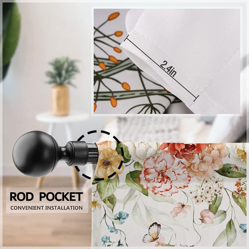 Famiffty Watercolor Floral Blossom Kitchen Curtains Rod Pocket Rustic Flower Plant Colorful Farmhouse Small Short Cafe Tier Curtain Spring Wildflower Window Drapes Treatment(27.5W X 39L Inch 2 Panel) - Image 5