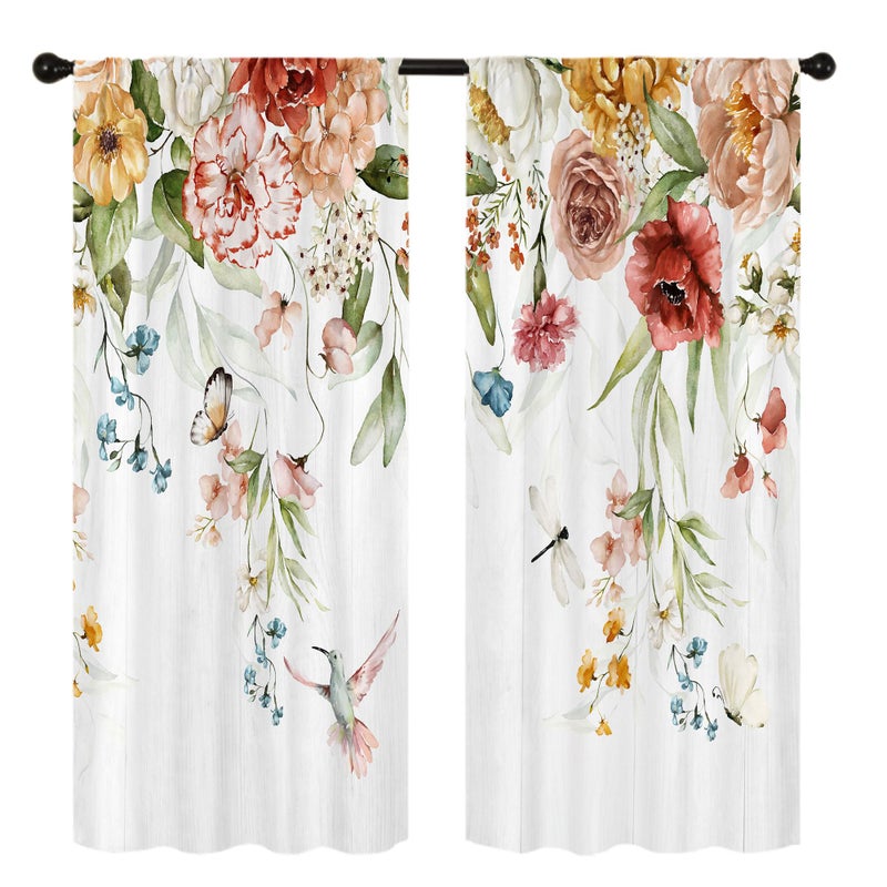 Famiffty Watercolor Floral Blossom Kitchen Curtains Rod Pocket Rustic Flower Plant Colorful Farmhouse Small Short Cafe Tier Curtain Spring Wildflower Window Drapes Treatment(27.5W X 39L Inch 2 Panel) - Image 4