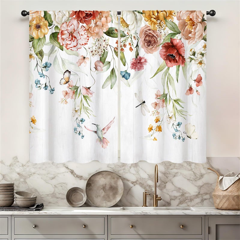 Famiffty Watercolor Floral Blossom Kitchen Curtains Rod Pocket Rustic Flower Plant Colorful Farmhouse Small Short Cafe Tier Curtain Spring Wildflower Window Drapes Treatment(27.5W X 39L Inch 2 Panel) - Image 2