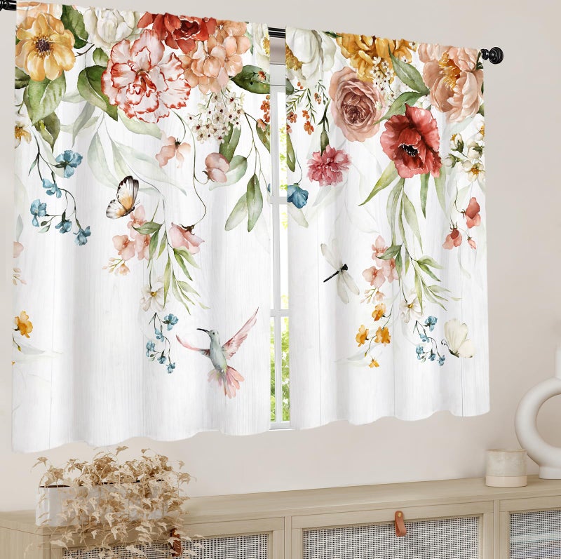 Famiffty Watercolor Floral Blossom Kitchen Curtains Rod Pocket Rustic Flower Plant Colorful Farmhouse Small Short Cafe Tier Curtain Spring Wildflower Window Drapes Treatment(27.5W X 39L Inch 2 Panel) - Image 3