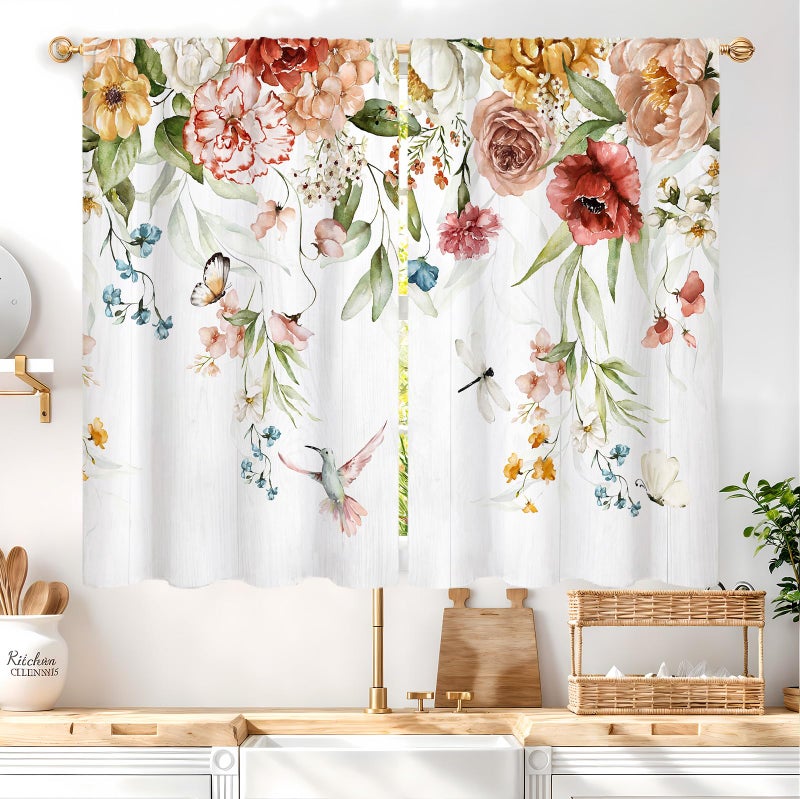Famiffty Watercolor Floral Blossom Kitchen Curtains Rod Pocket Rustic Flower Plant Colorful Farmhouse Small Short Cafe Tier Curtain Spring Wildflower Window Drapes Treatment(27.5W X 39L Inch 2 Panel) - Image 1