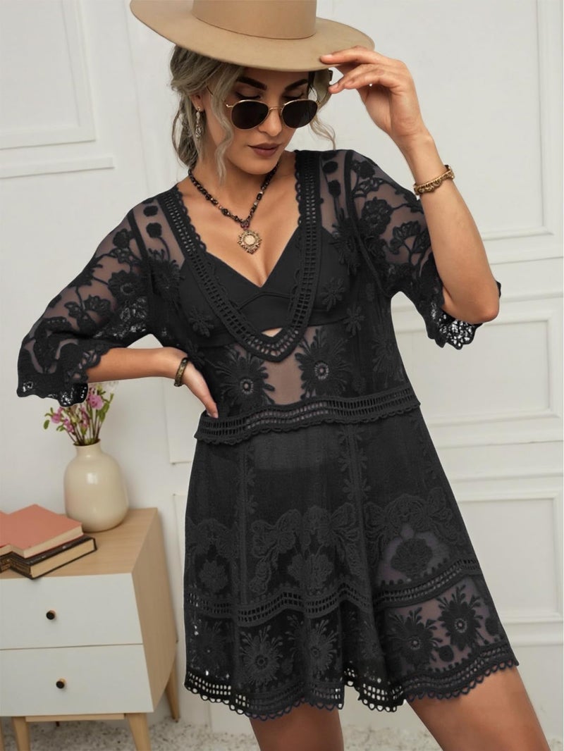 Eomenie Women's Contrast Lace Bathing Suit Cover Up V-Neck Swimsuit Coverups Loose Swimwear Beach Dress Beachwear - Image 3