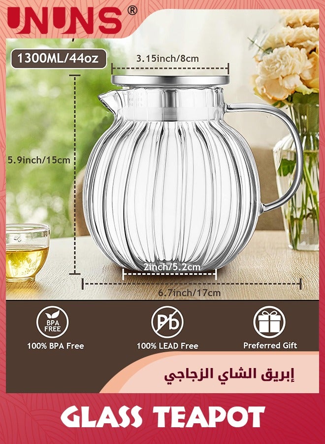 UNUNS Glass Teapot Stovetop,44oz/1300ml Borosilicate Glass Tea Kettle With Lid And Handle,Blooming Tea,Fruit Tea Hand Crafted Kettle For Women Adult Gift Clear - Image 3