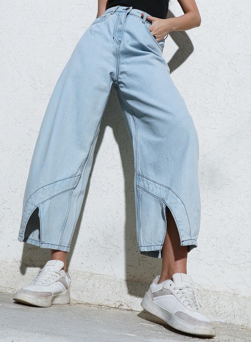 Campus Sutra Women's Light Blue Light-Wash Barrel Denim Jeans For Casual Wear | High-Waist | Relaxed Fit | Button Closure | Denim Jeans Crafted With Comfort Fit For Everyday Wear - Image 1