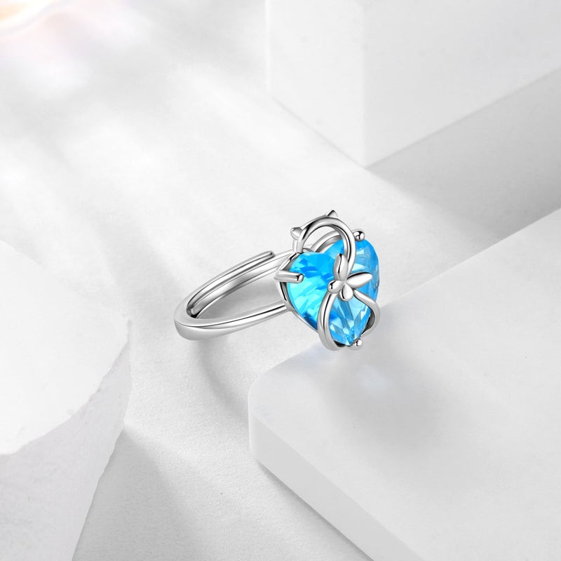 Juwaliy Women Heart Ring 925 Sterling Silver Butterfly March Birthstone Aquamarine Blue Ring Jewelry Birthday Gift for Cat Lover Mother - Image 2