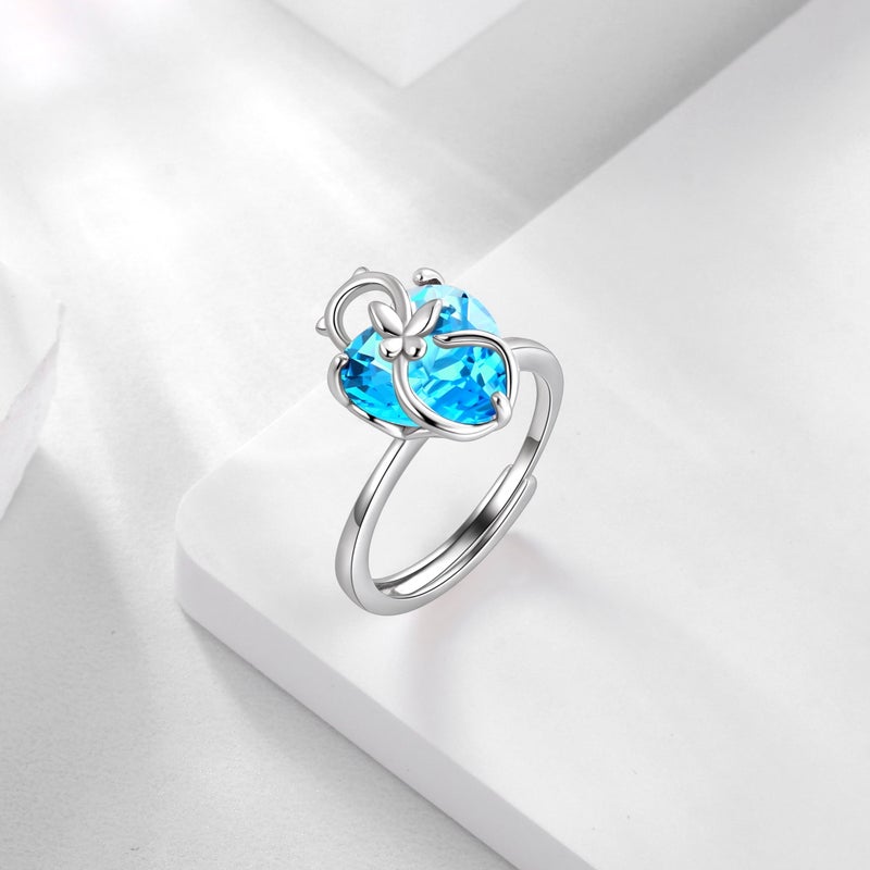 Juwaliy Women Heart Ring 925 Sterling Silver Butterfly March Birthstone Aquamarine Blue Ring Jewelry Birthday Gift for Cat Lover Mother - Image 3