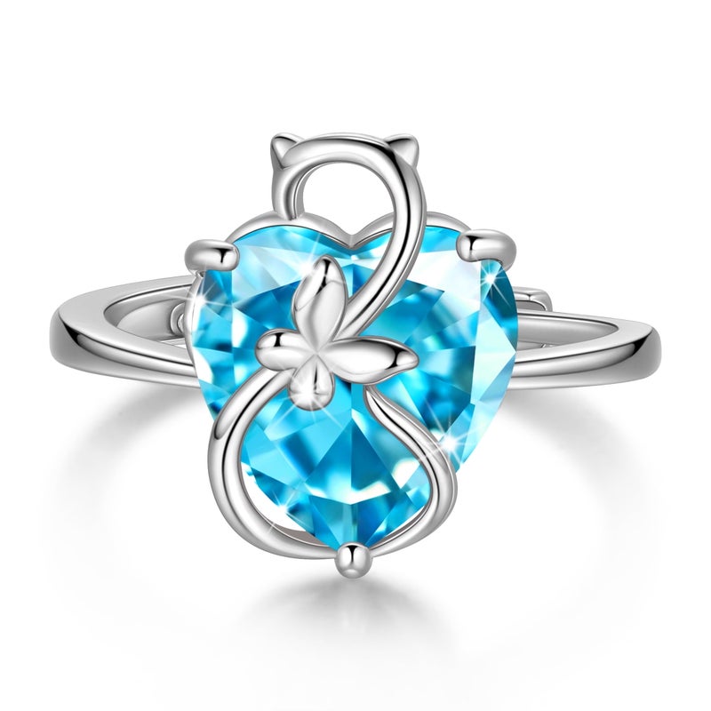Juwaliy Women Heart Ring 925 Sterling Silver Butterfly March Birthstone Aquamarine Blue Ring Jewelry Birthday Gift for Cat Lover Mother - Image 1
