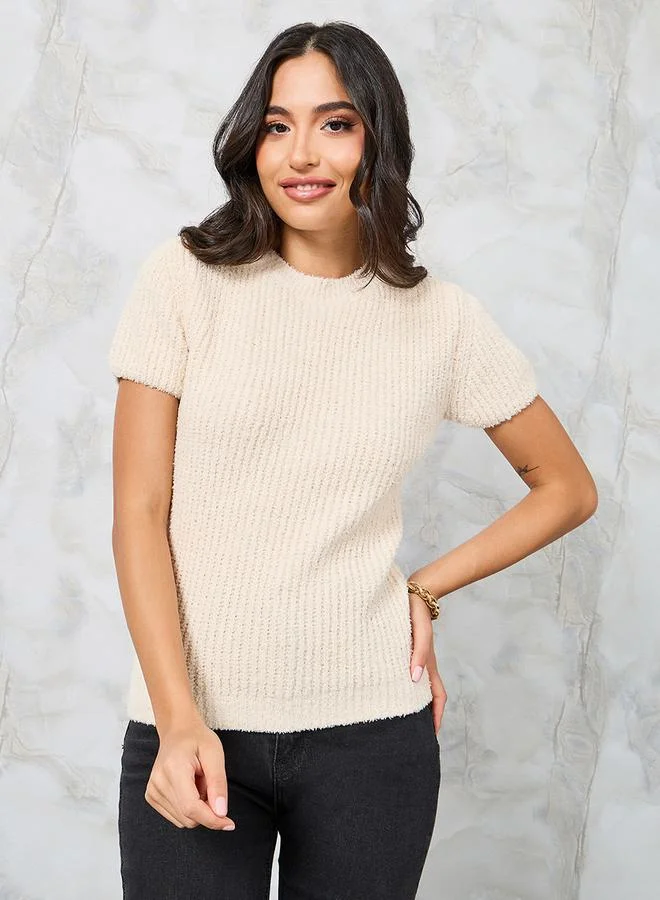Styli Regular Fit Textured Knit Top with Short Sleeve