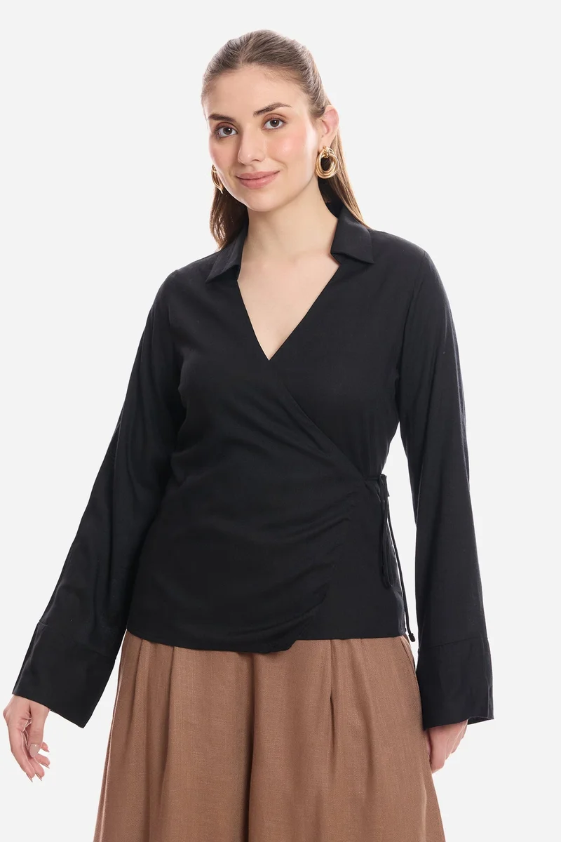 Virgio Solid Viscose Wrap Tie-Up Top for Women