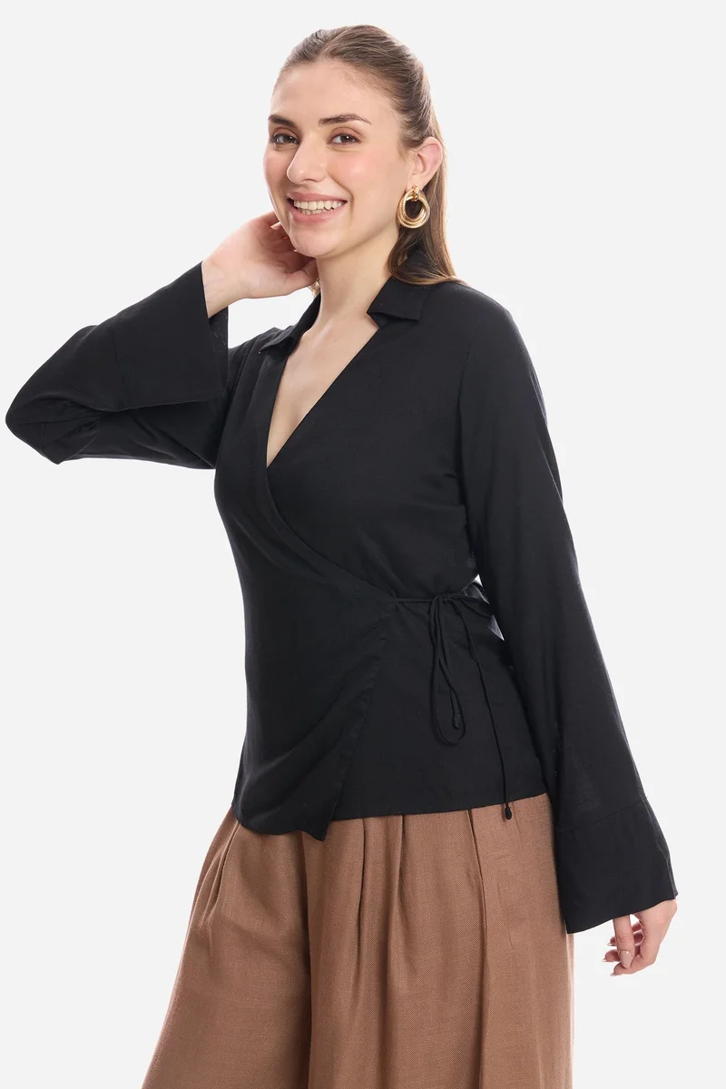 Virgio Black Solid Viscose Wrap Tie-Up Top for Women for Women | Best Price UAE