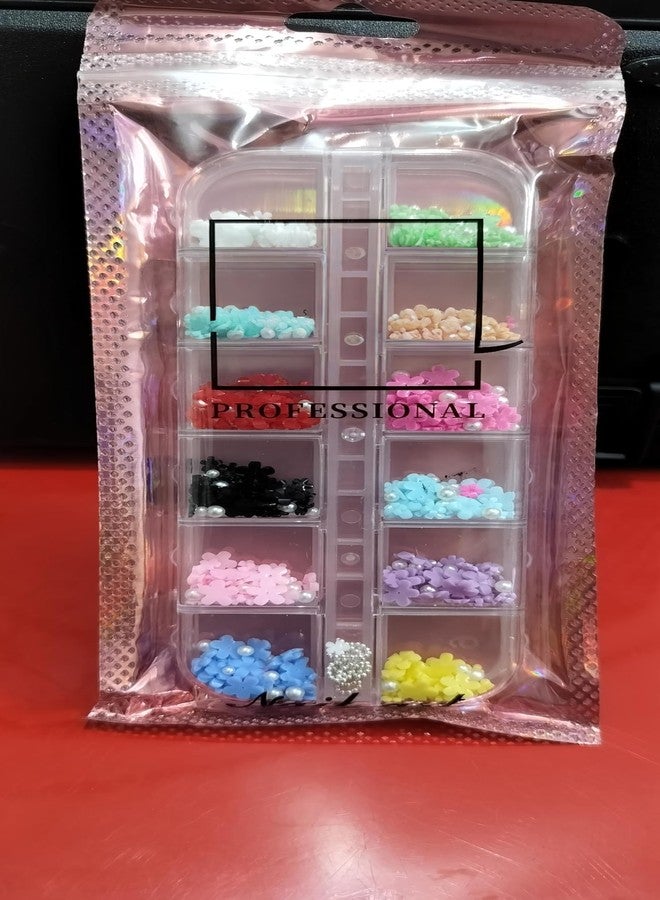 Professional Nail Art Decorations Set, 12 Compartments Storage Box, Multi-Color Pearl Flower Embellishments