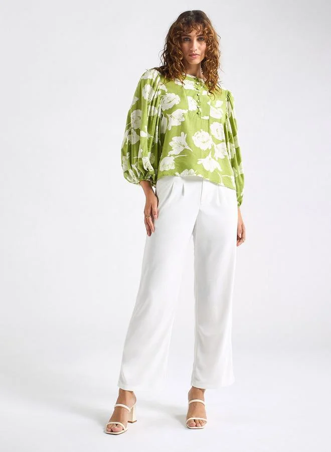 Splash FAV All-Over Floral Print Crew Neck Top with Volume Sleeves