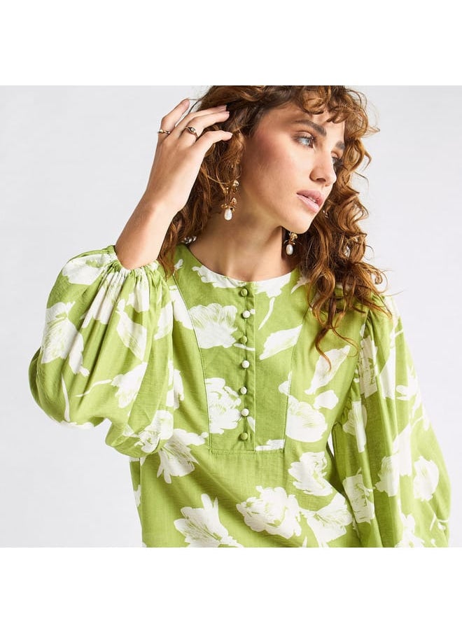FAV All-Over Floral Print Crew Neck Top with Volume Sleeves  - Image 4
