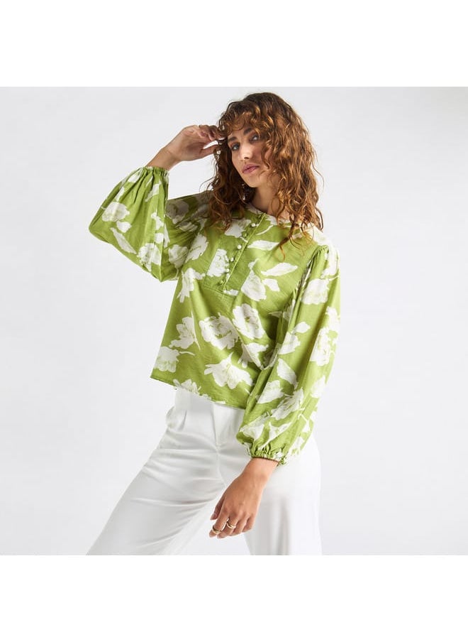 FAV All-Over Floral Print Crew Neck Top with Volume Sleeves  - Image 1
