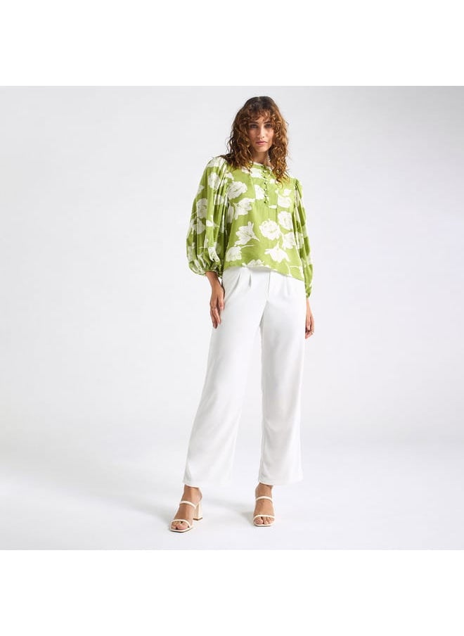 FAV All-Over Floral Print Crew Neck Top with Volume Sleeves  - Image 2