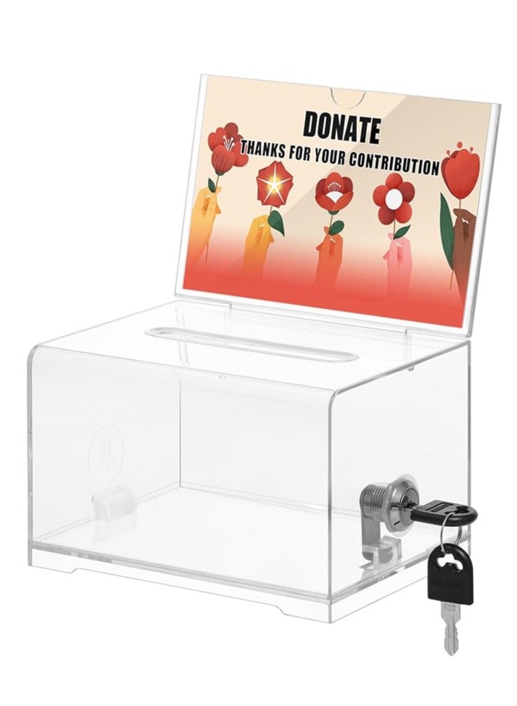 Clear Acrylic Donation Box with Lock and Sign Holder, Ballot Box, Suggestion Box, and Collection Box for Voting, Donations, and Tips - Image 1
