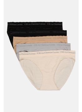 Women 5 Pcs Brand Logo Pull On Briefs, Black/Tan Combo