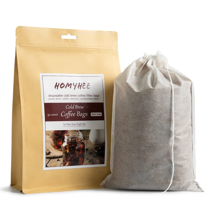 HOMYHEE Disposable Cold Brew Coffee Filters - 50 Count Single Use Filter Sock Packs Fine Mesh Brewing Bags for Concentrate, Iced Coffee Maker, French/Cold Press Kit, Tea in Mason Jar, 8 x 12 Inches - Image 1