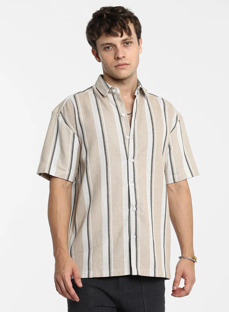 Campus Sutra Men's Saltbox Beige Shadow-Striped Shirt