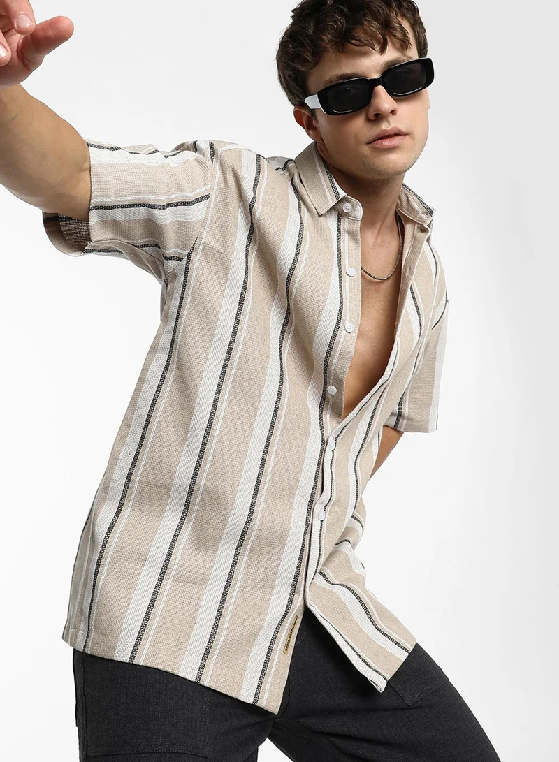Campus Sutra Men's Saltbox Beige Shadow-Striped Shirt