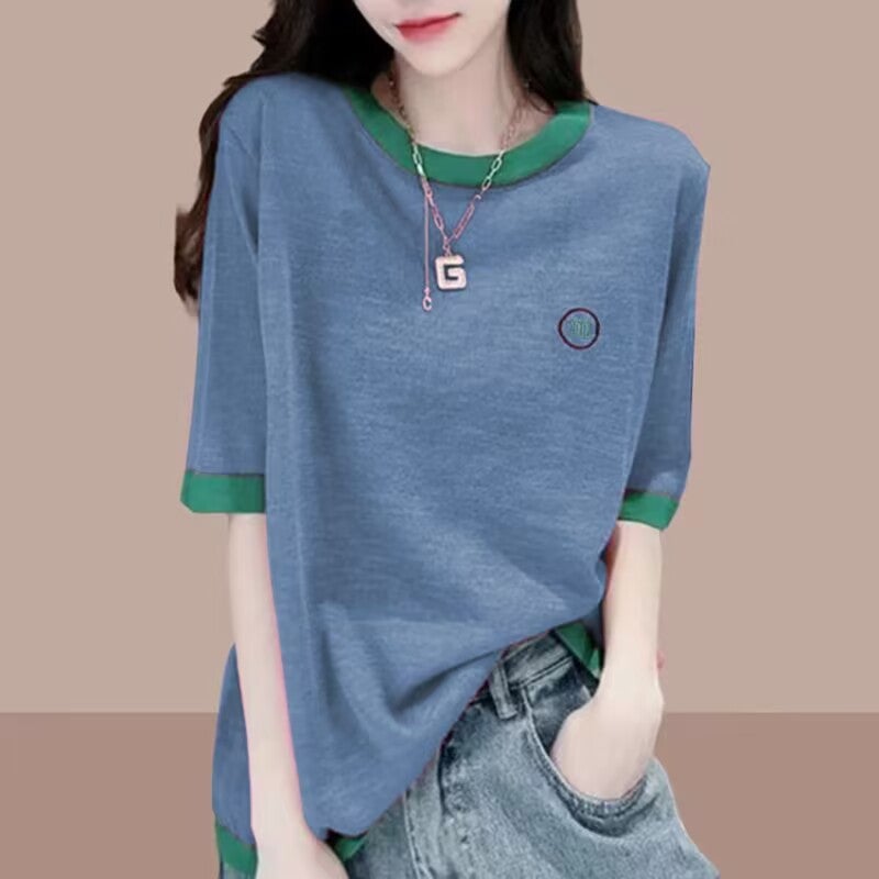 Women's Cotton Short Sleeve Loose Fit Color Block T-Shirt - Image 3