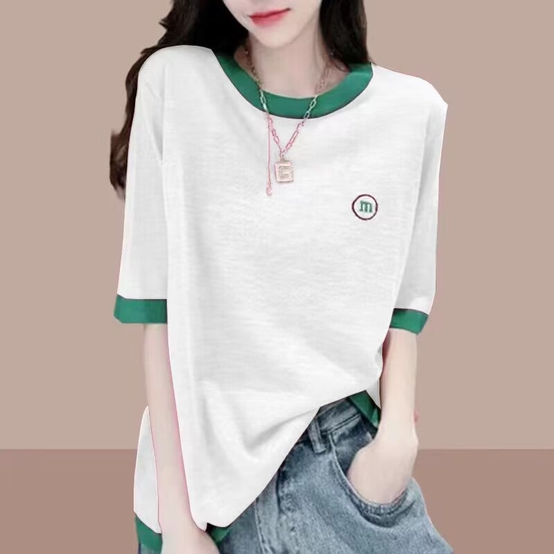 Women's Cotton Short Sleeve Loose Fit Color Block T-Shirt - Image 5