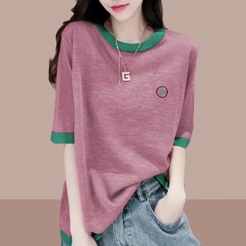 Women's Cotton Short Sleeve Loose Fit Color Block T-Shirt - Image 1