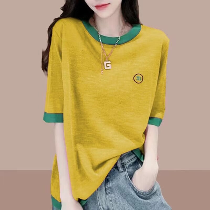 Women's Cotton Short Sleeve Loose Fit Color Block T-Shirt - Image 2