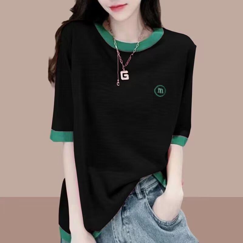 Women's Cotton Short Sleeve Loose Fit Color Block T-Shirt - Image 4