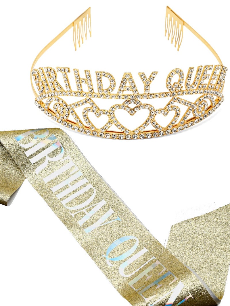 YouBella Jewellery Stylish Birthday Sash and Crown - Pack of 2 Pcs | Birthday Girl Crown | Gifts for Best Friend/Sister (Gold) - Image 1