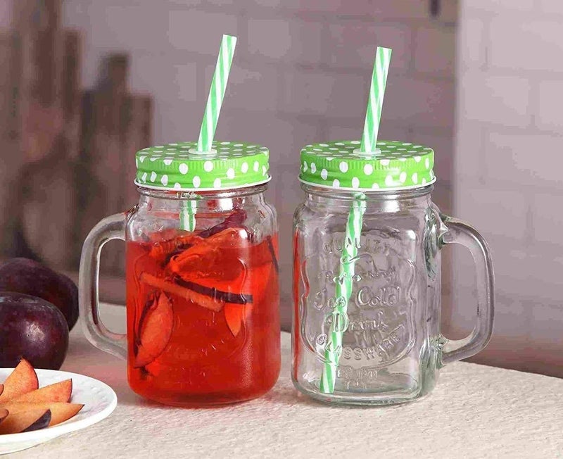 Kosh Mason Jar With Lid And Straw For Drinks, Beverages Fruit Juice Glass Airtight Frosty Jar with Handle Mason mug Jars set with Lid and Reusable Straw (Random Color, Clear, 450 ml) (6 PC) - Image 3
