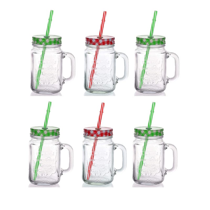 Kosh Mason Jar With Lid And Straw For Drinks, Beverages Fruit Juice Glass Airtight Frosty Jar with Handle Mason mug Jars set with Lid and Reusable Straw (Random Color, Clear, 450 ml) (6 PC) - Image 1