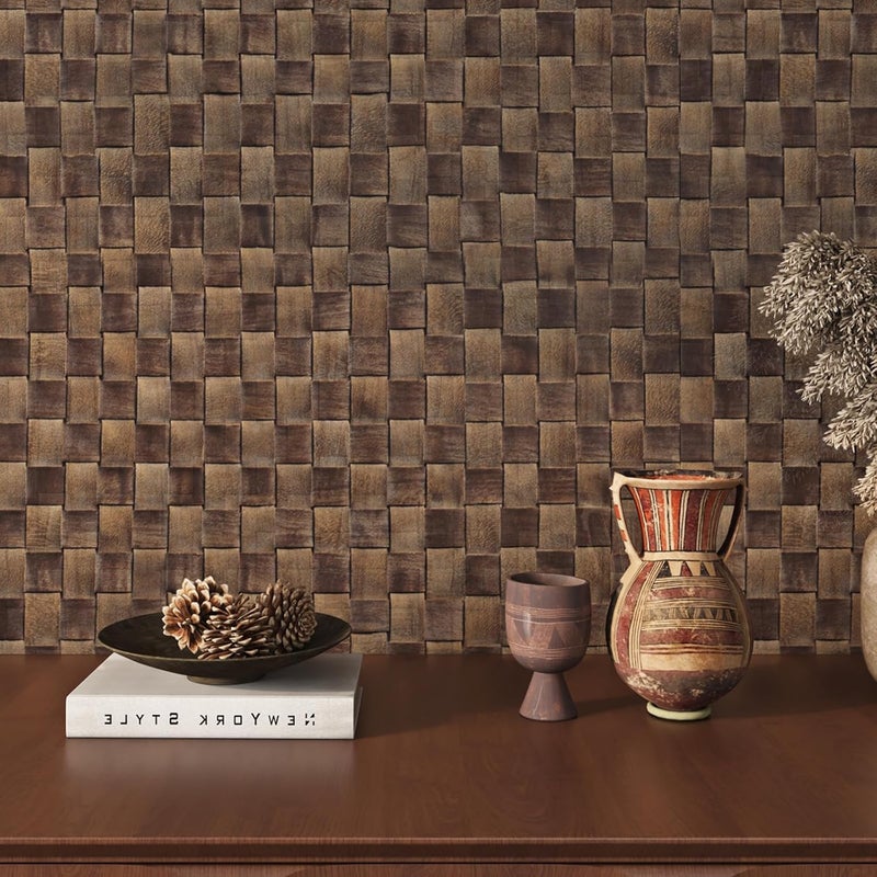 ReWallpaper Brown Rattan Wallpaper Stick and Peel Rustic Basketweave Wallpaper Adhesive Non Textured Boho Woven Pattern Wall Paper Removable Vinyl Contact Paper for Cabinets Shelf Drawer 15.8inÃ—10ft - Image 1