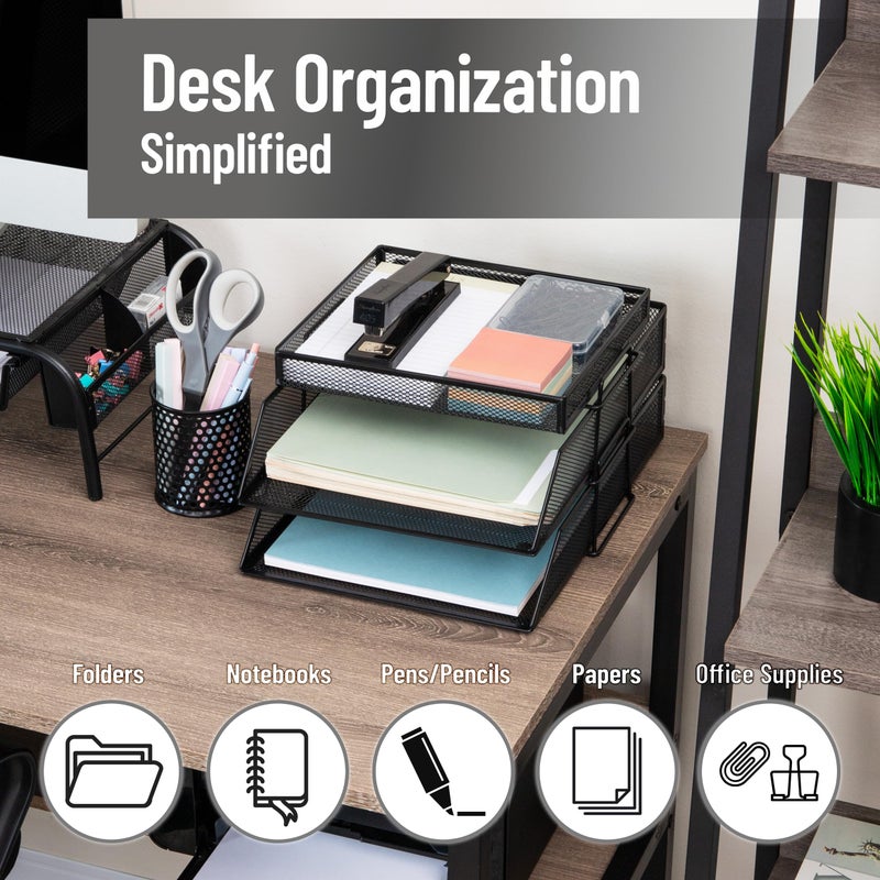 Mind Reader 2 Tier Paper Tray with Top Supply Compartment, Desktop File Organizer, Metal Mesh, Black - Image 2