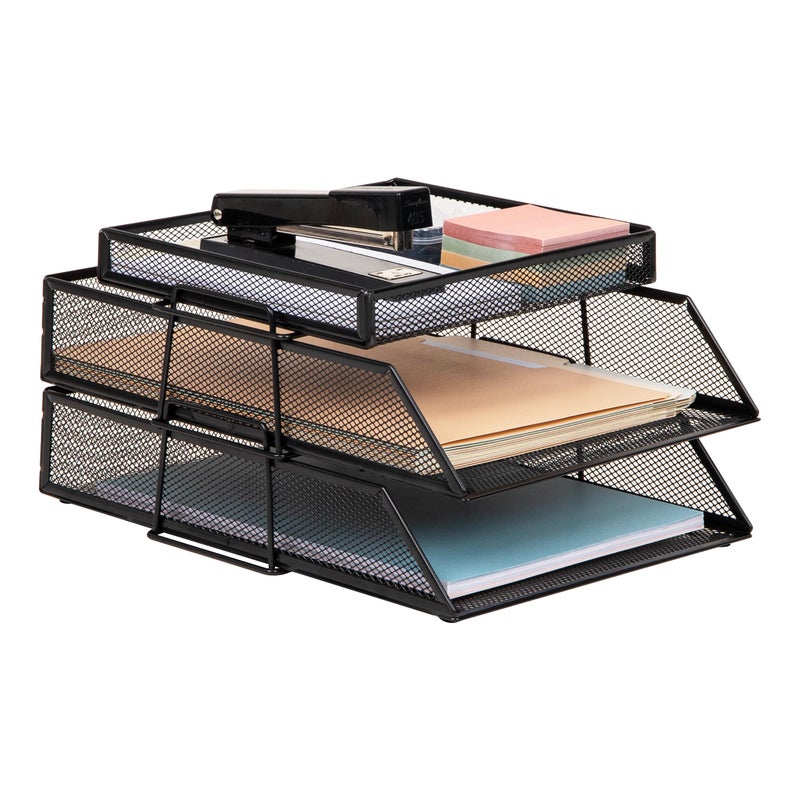 Mind Reader 2 Tier Paper Tray with Top Supply Compartment, Desktop File Organizer, Metal Mesh, Black - Image 1