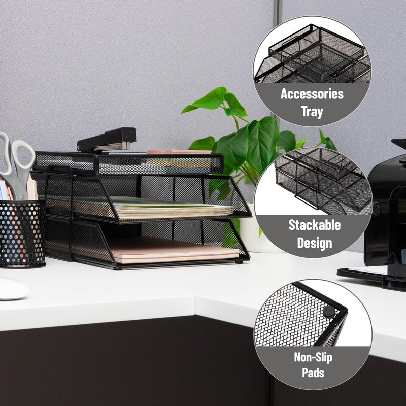 Mind Reader 2 Tier Paper Tray with Top Supply Compartment, Desktop File Organizer, Metal Mesh, Black - Image 4
