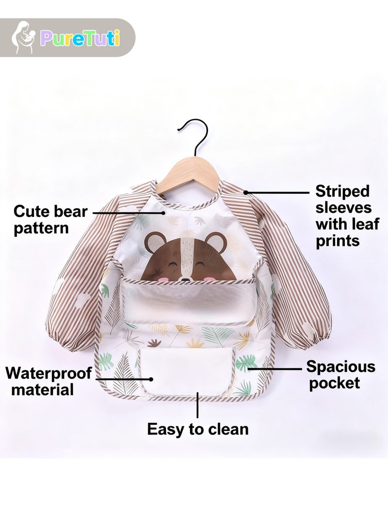 PureTuti Bear Pattern Baby Bib Set - Waterproof and Stain-Resistant Bibs for Toddlers 12-36 Months | Eco-Friendly Wipe-Wipe Bibs (Brown) - Image 3