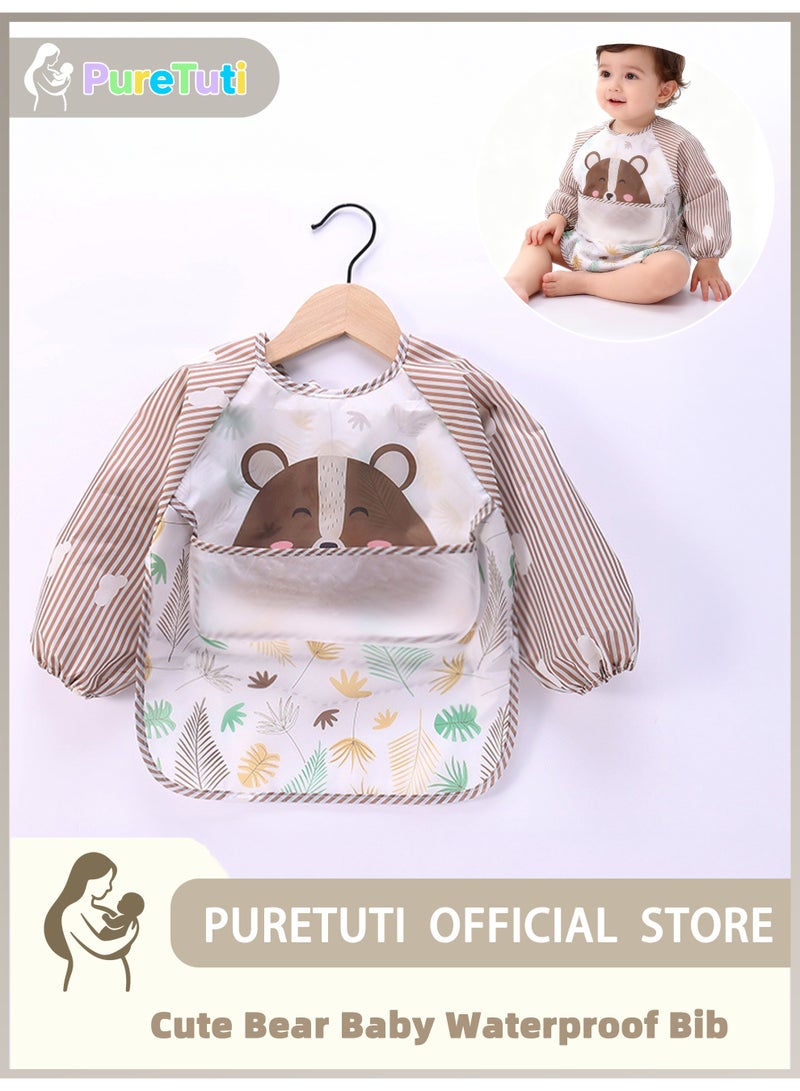 PureTuti Bear Pattern Baby Bib Set - Waterproof and Stain-Resistant Bibs for Toddlers 12-36 Months | Eco-Friendly Wipe-Wipe Bibs (Brown) - Image 1