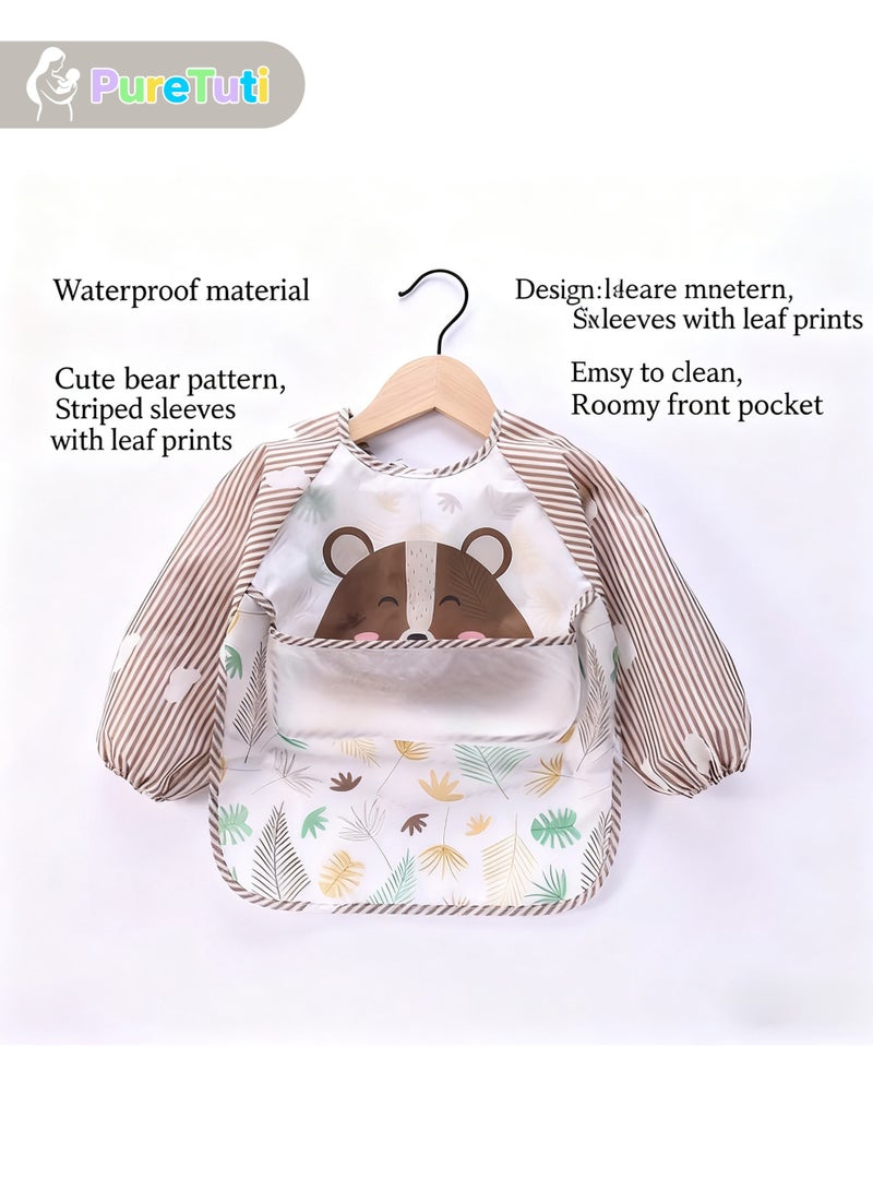 PureTuti Bear Pattern Baby Bib Set - Waterproof and Stain-Resistant Bibs for Toddlers 12-36 Months | Eco-Friendly Wipe-Wipe Bibs (Brown) - Image 2